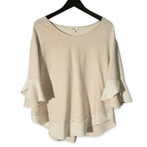 Kye.Mi Ruffle Sweatshirt Womens Large Cream Tan Striped Comfy Shirt Casual Top